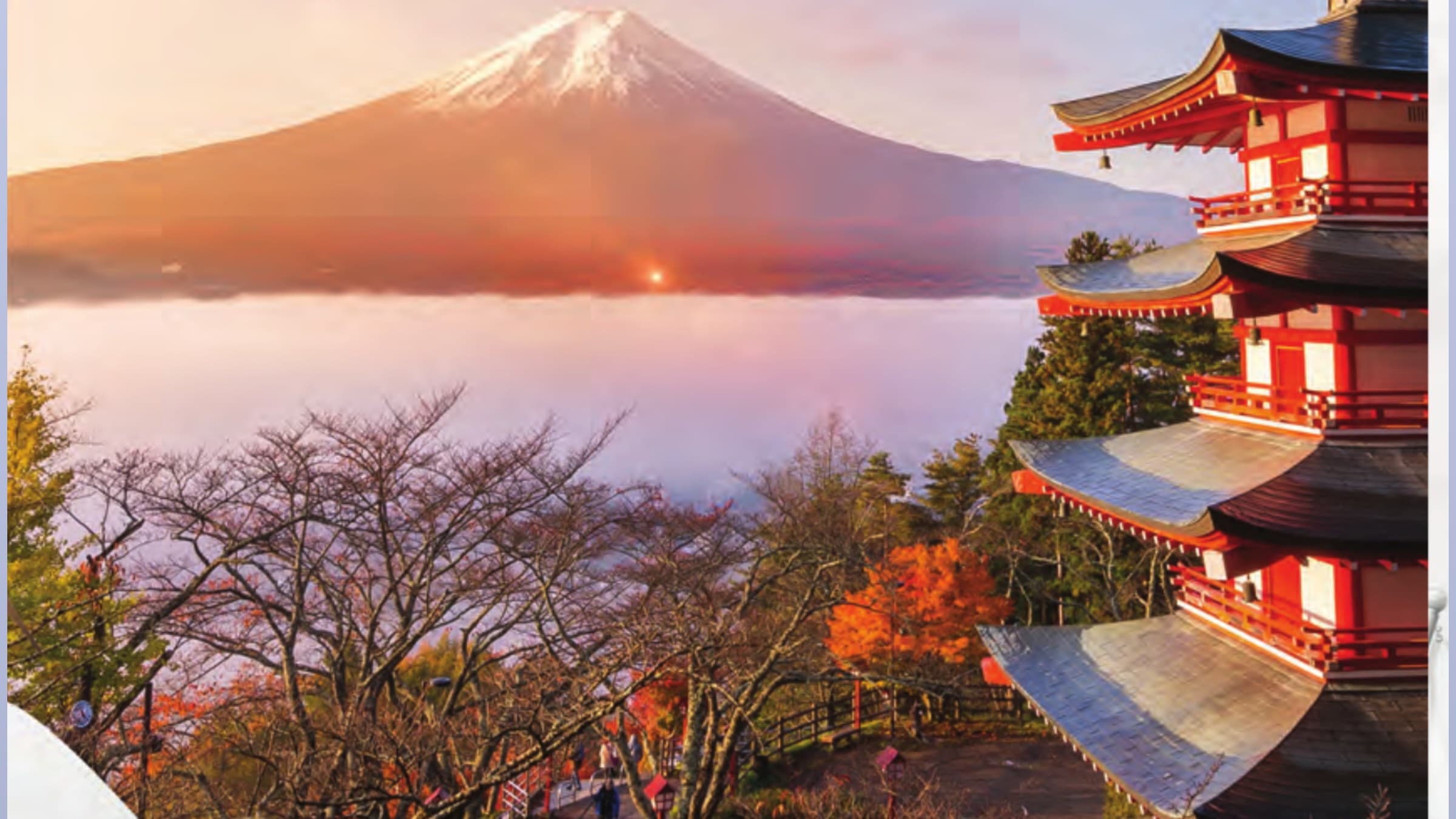 Monte Fuji ao amanhecer, com pagode tradicional japonês em primeiro plano